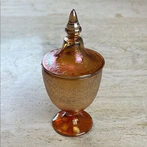 Vintage Crackle Marigold Carnival Glass Covered Footed Candy Dish